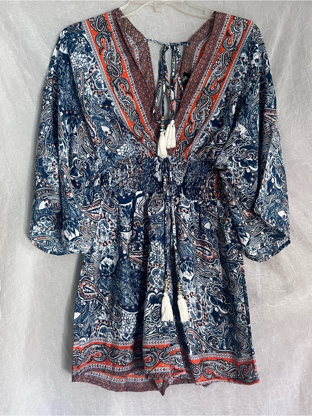 NWT Boho Miami blue & orange paisley romper with fringe tassels